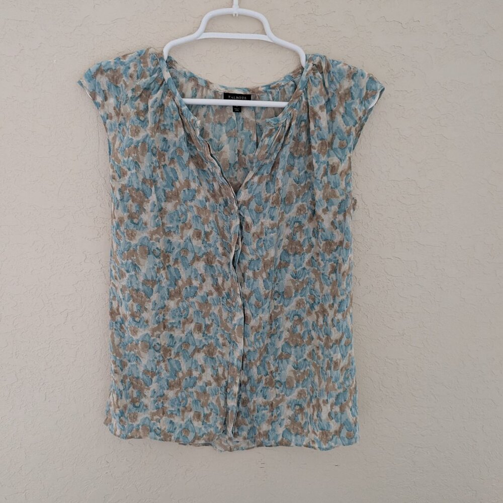 Talbots 100% Silk Watercolor Blue Button Blouse Size 4 - Picture 1 of 6